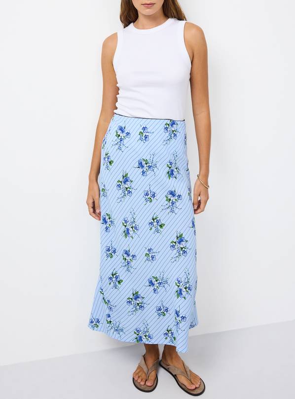 Blue Stripe Floral Print Midaxi Slip Skirt 24